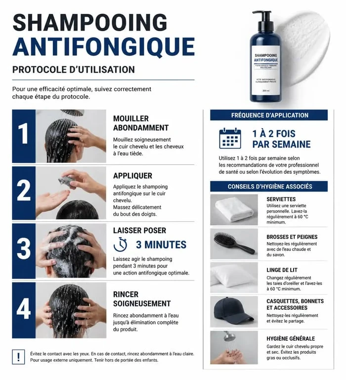 Infographie du protocole d'utilisation d'un shampoing antifongique sans ordonnance pour le traitement des mycoses du cuir chevelu