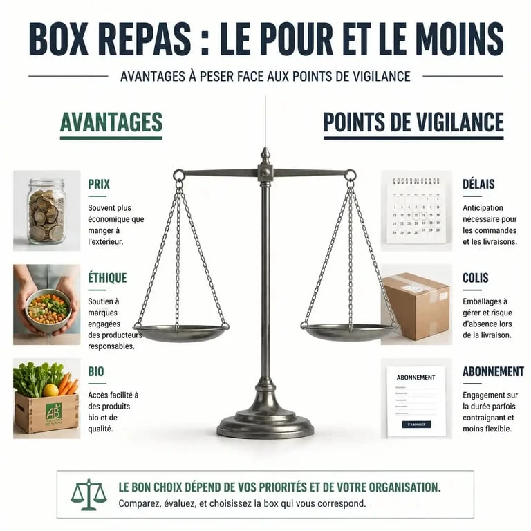 Infographie comparative des avantages et points de vigilance de l'épicerie bio en ligne La Fourche pour évaluer les avis négatifs