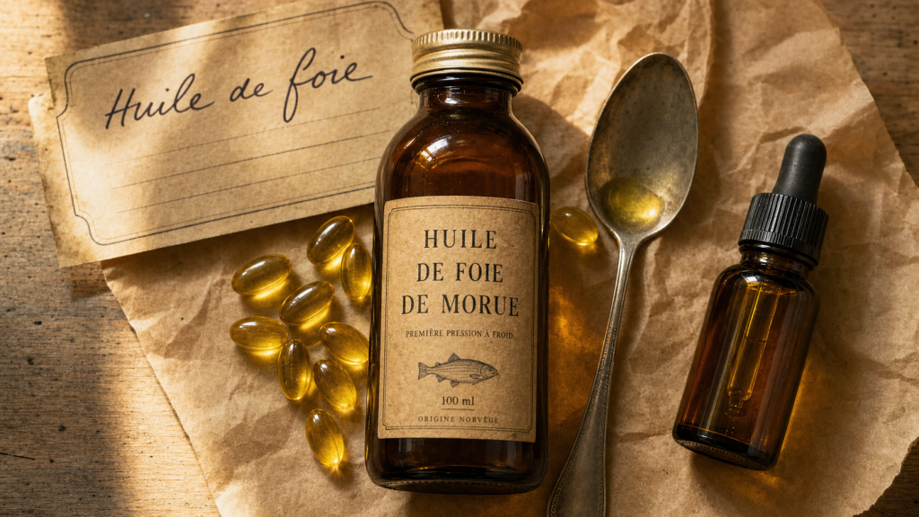 Huile de foie de morue bienfaits cheveux : bouteille, capsules et cuillère d’huile sur table bois