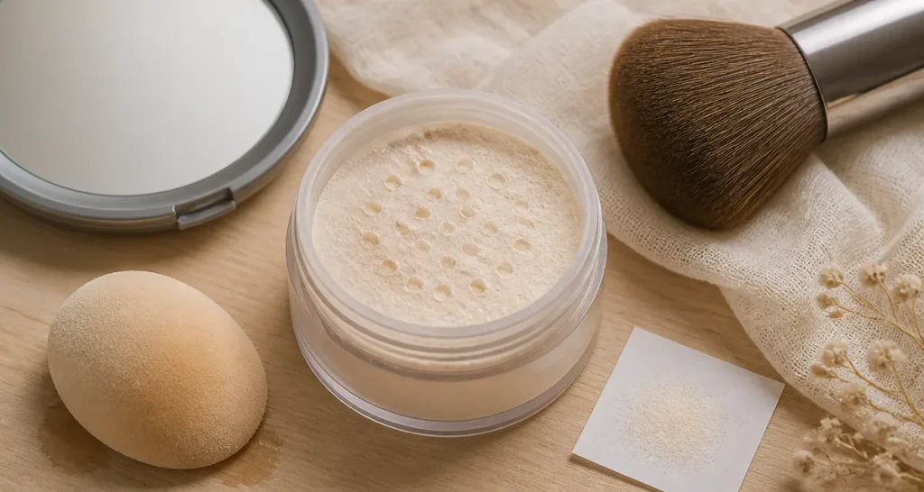 Meilleure poudre libre pour un teint flouté sans effet plâtre : poudre et pinceau kabuki