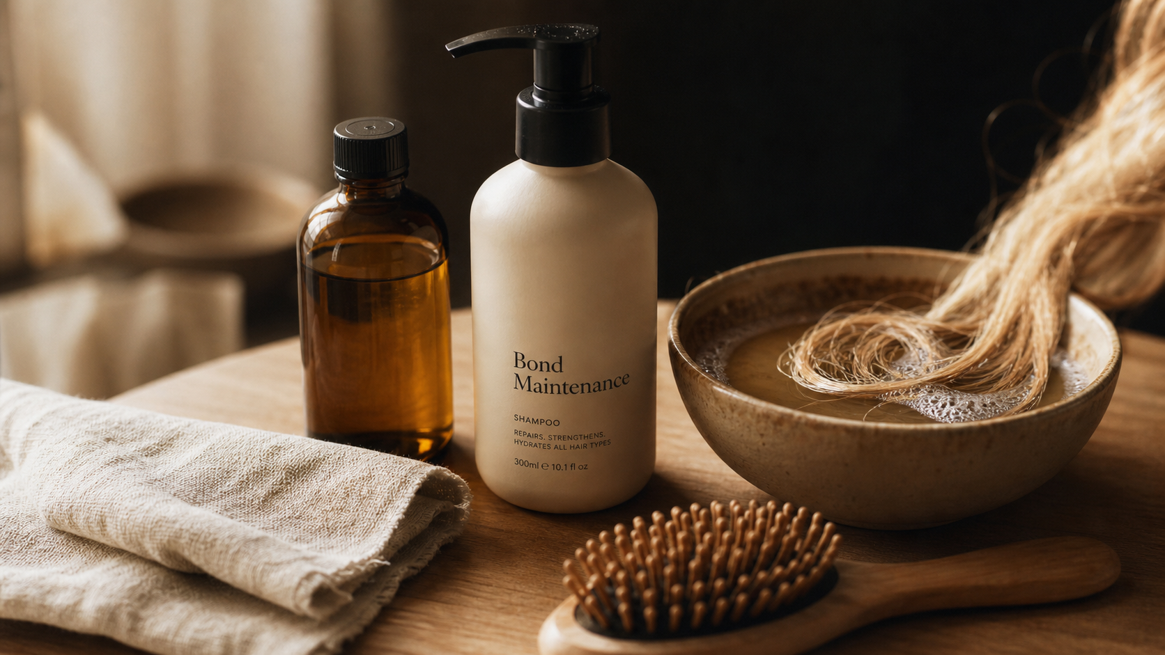 Shampoing olaplex avis : bouteille et cheveux abîmés sur table