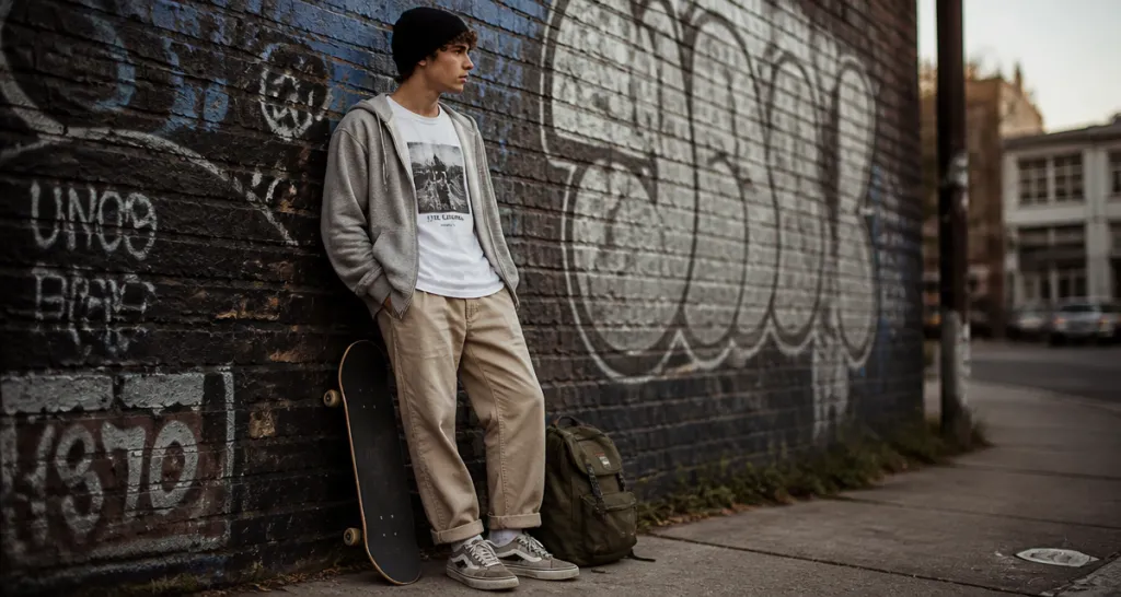 style skateur homme devant mur urbain avec skateboard