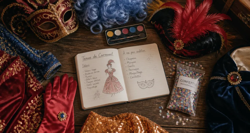 tenue carnaval accessoires costumes sur table
