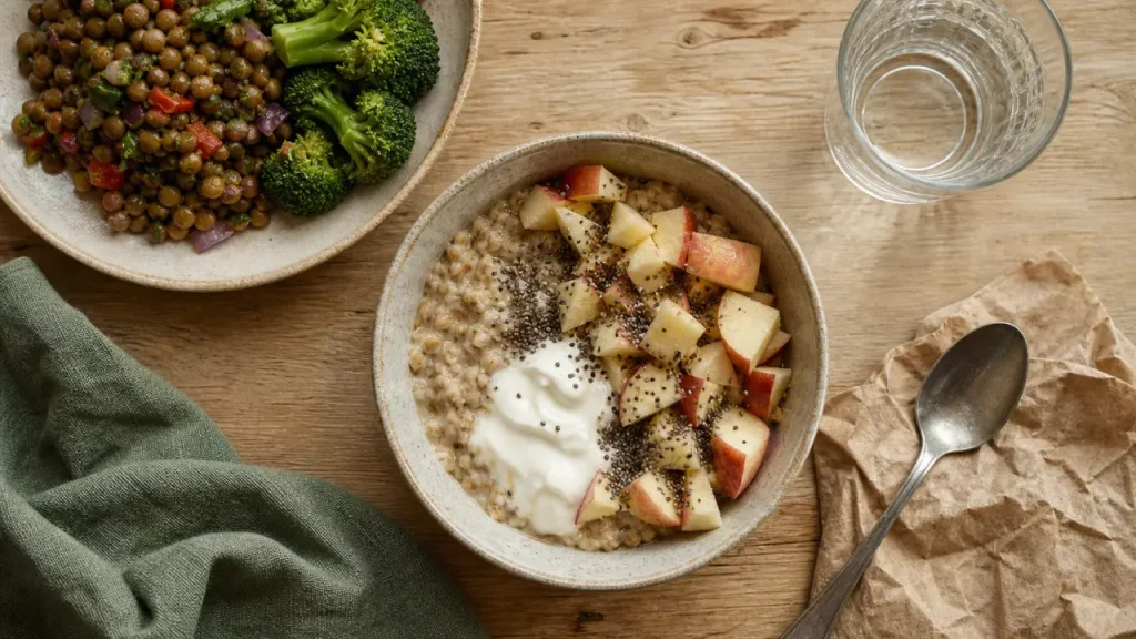 Bol de porridge, salade de lentilles et verre d’eau : aliments contenant des fibres
