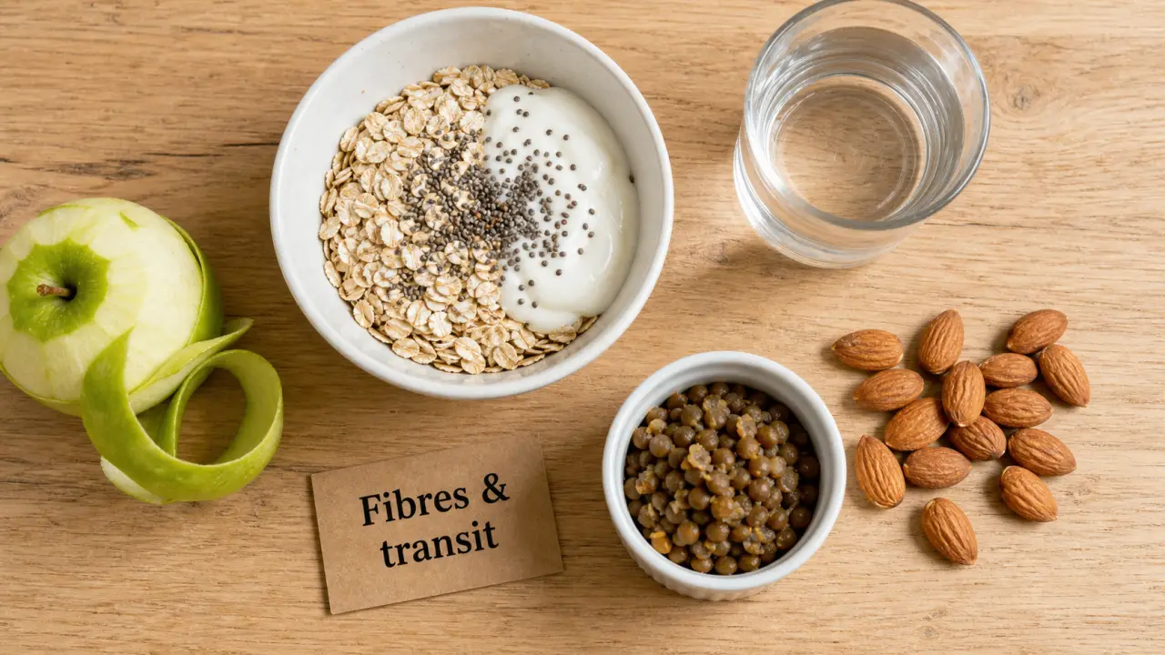Aliments contenants des fibres : flocons d’avoine, lentilles, chia et verre d’eau