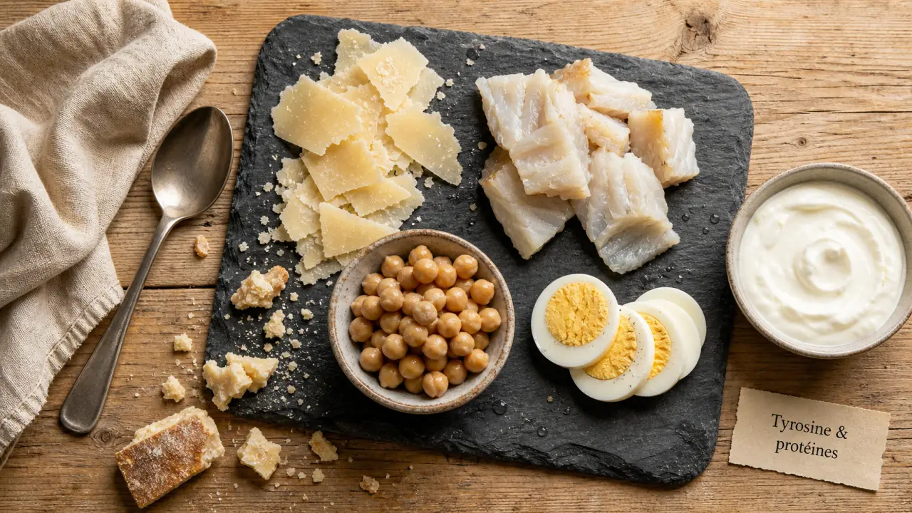 Aliments riches en tyrosine : parmesan, morue salée et yaourt grec