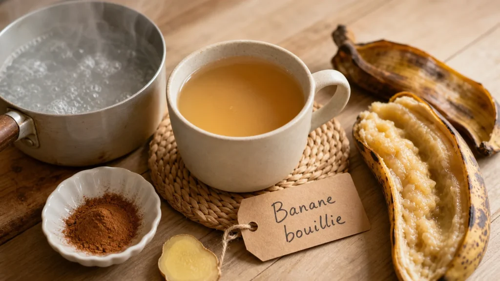 Banane bouillie aux bienfaits digestion et sommeil, infusion du soir à la cannelle et gingembre
