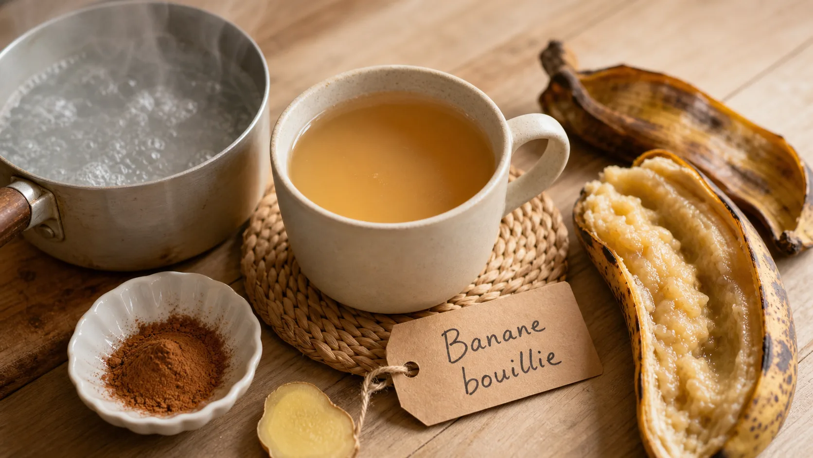 Banane bouillie aux bienfaits digestion et sommeil, infusion du soir à la cannelle et gingembre