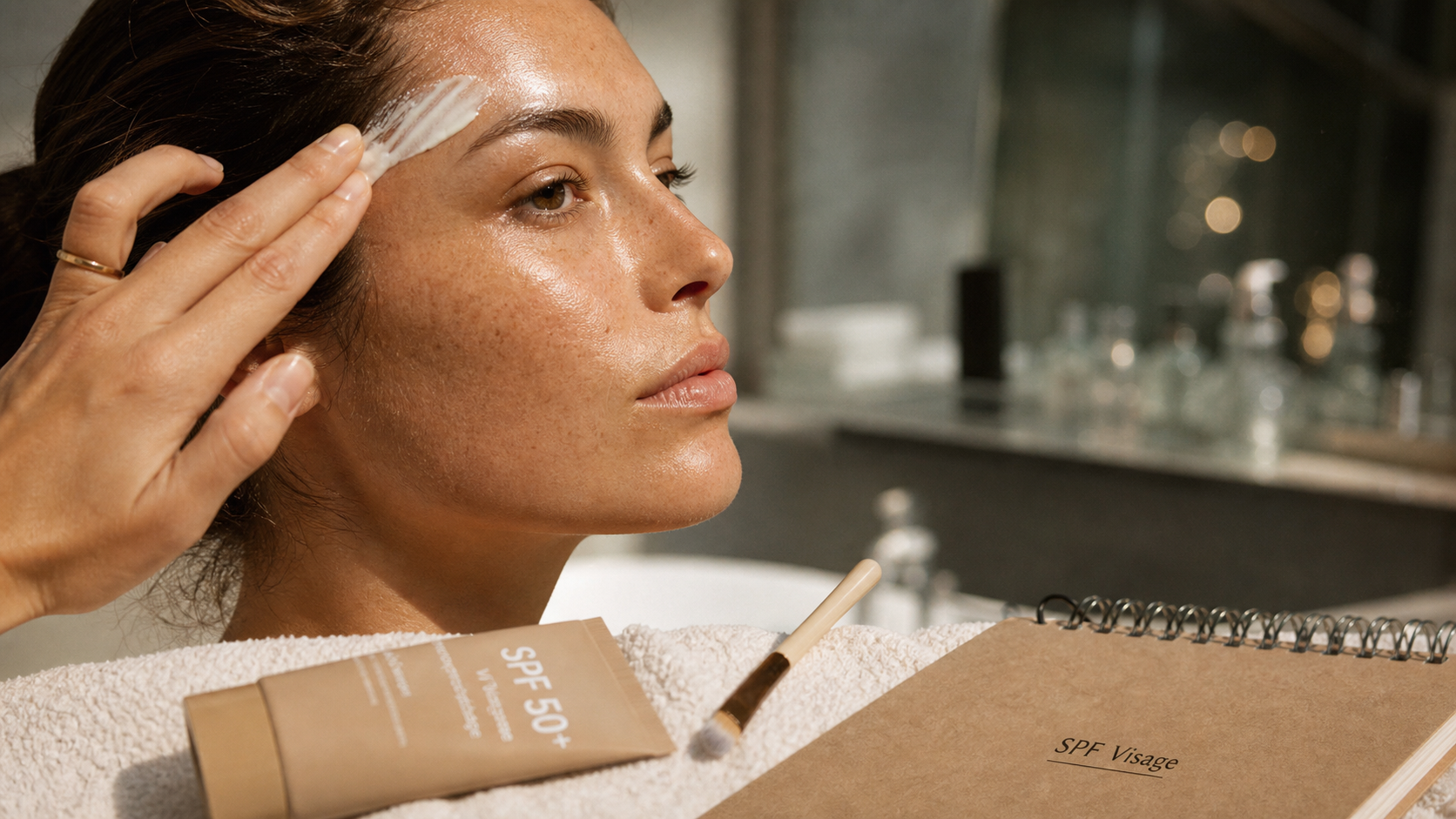 Bronzer au visage : application crème SPF 50 sur le front