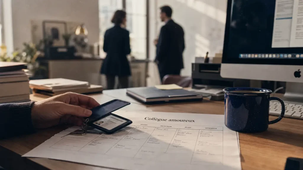 Collègue amoureux signes au travail, badge et planning au bureau