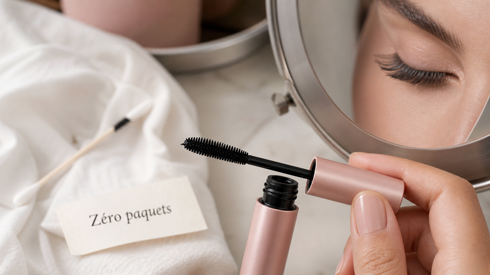 Comment mettre du mascara sans paquets ni bavures, gros plan brosse sur flacon