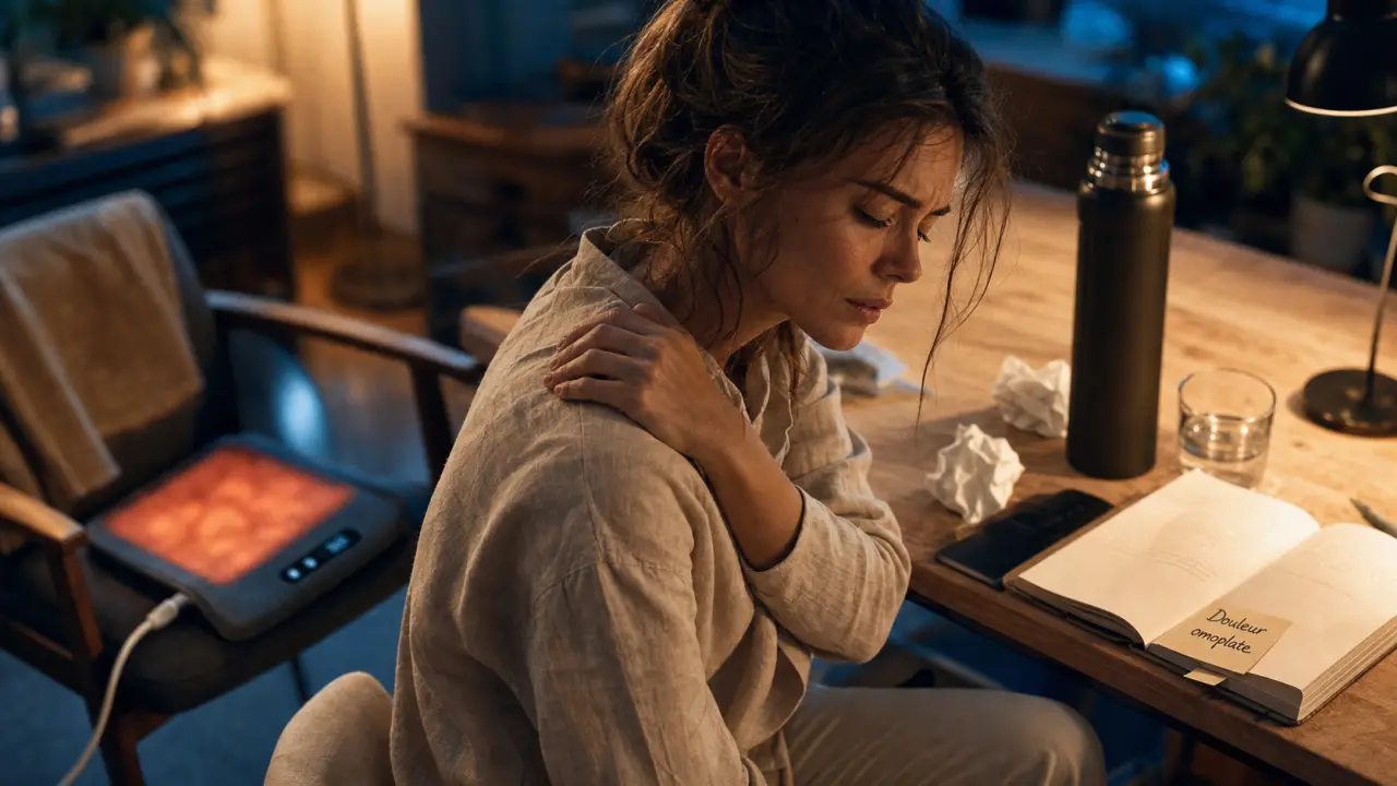 Douleur omoplate droite : femme avec main sur l’omoplate, tension et posture douloureuse.