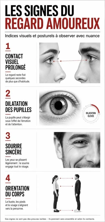 Infographie des signes du regard amoureux et de l'attirance