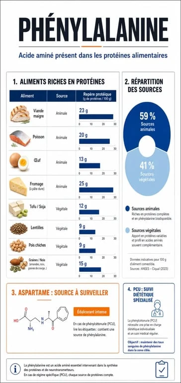 Aliments riches en phenylalanine : infographie des principales sources animales, végétales et de l’aspartame