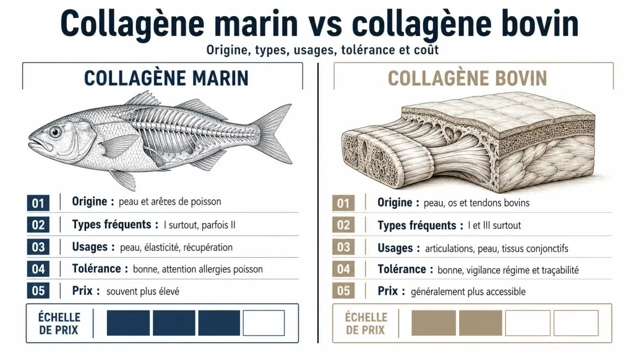 Différence collagene marin et bovin : infographie comparative sur l’origine, les usages, le prix et la tolérance