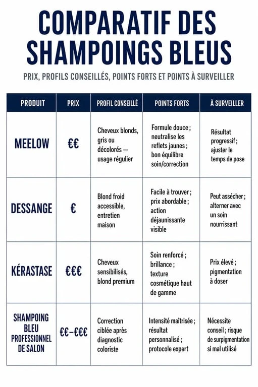 Comparatif du meilleur shampoing bleu avec Meelow, Dessange, Kérastase et shampoing bleu professionnel de salon