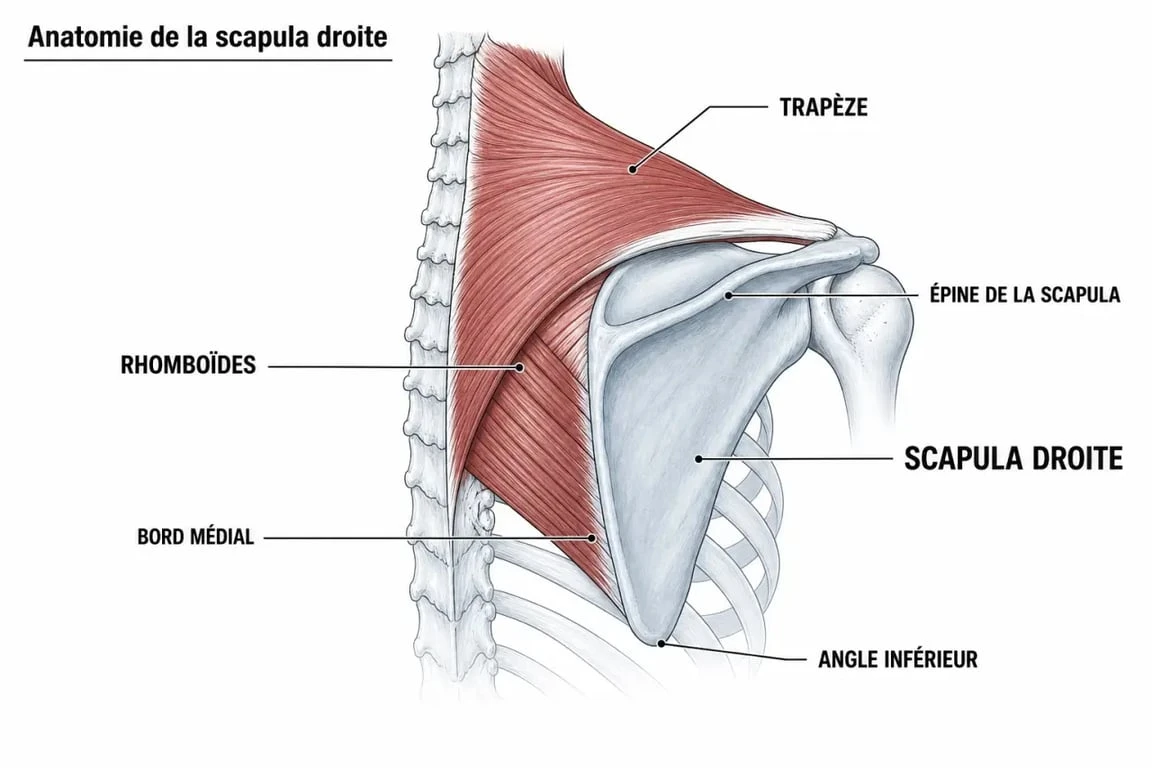 Schéma anatomique de l'omoplate droite et des muscles du dos pour comprendre la douleur omoplate droite