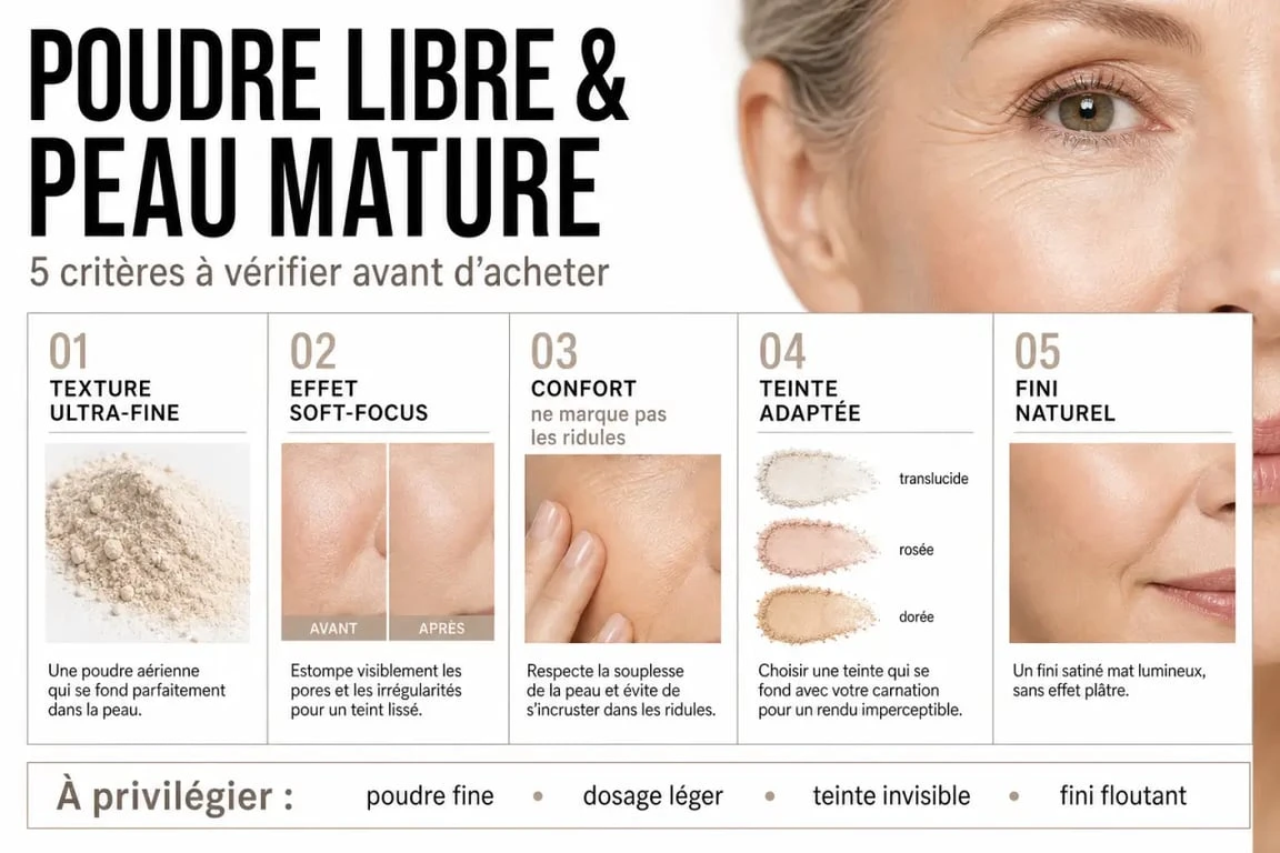 Infographie sur la meilleure poudre libre peau mature et les critères pour bien la choisir
