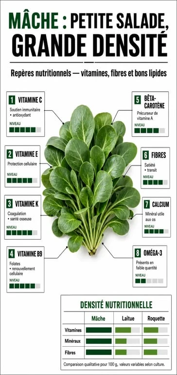 Infographie sur les bienfaits de la mâche avec vitamines, minéraux et comparaison nutritionnelle