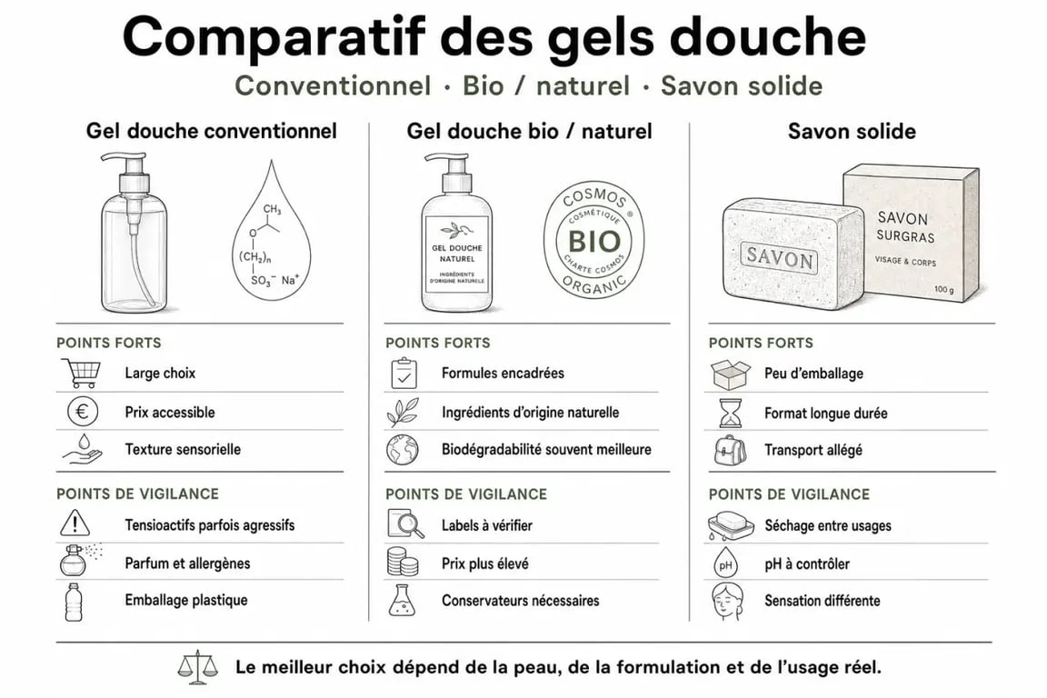 Comparatif des types de gels douche : conventionnel, bio et savon solide pour bien choisir son gel douche