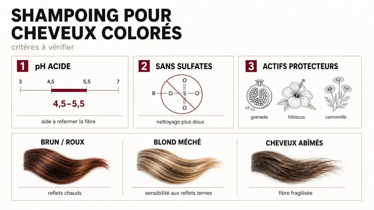 Meilleur shampoing cheveux colorés : comparaison visuelle des critères de choix et des profils capillaires