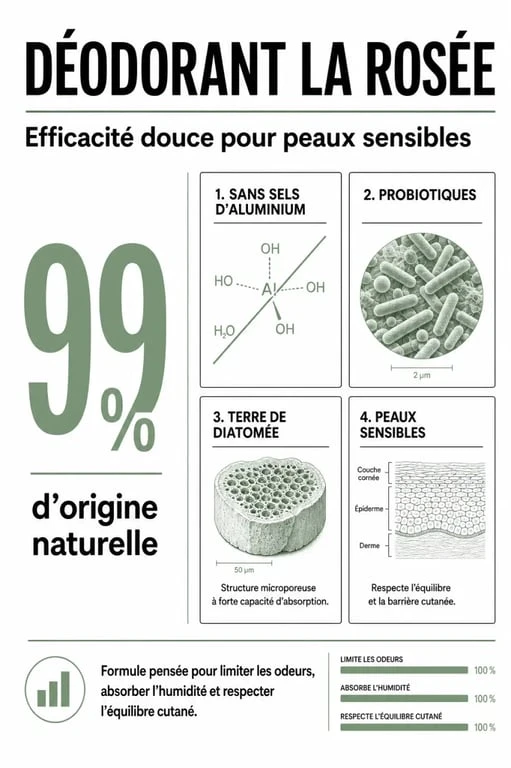 Infographie comparative des bienfaits et composition du déodorant La Rosée pour choisir son soin naturel