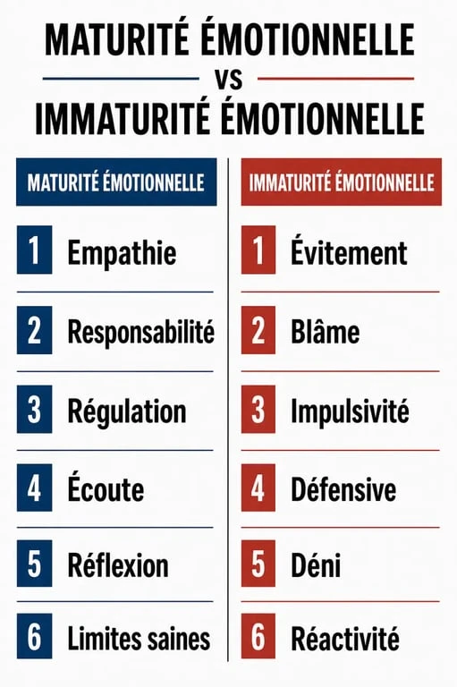Infographie comparative illustrant les différences entre maturité émotionnelle et immaturité émotionnelle pour mieux comprendre les comportements relationnels.
