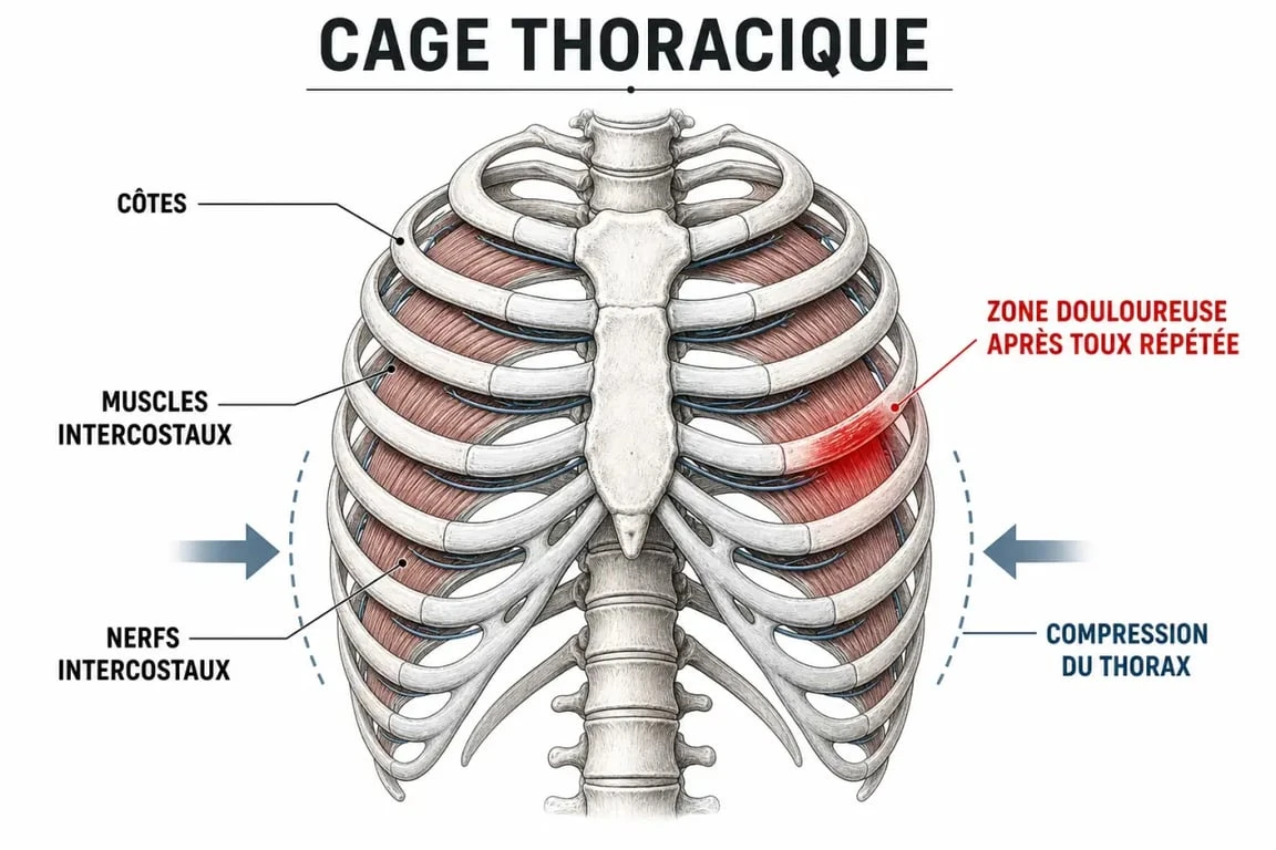 Schéma de la toux mal aux côtes montrant les muscles intercostaux et les zones douloureuses