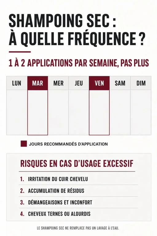 Infographie sur la fréquence idéale d'utilisation du shampoing sec par semaine pour préserver la santé du cuir chevelu