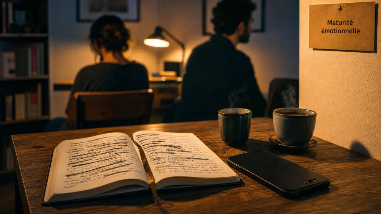 Immature emotionnel : carnet, smartphone, couple en tension