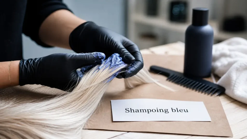 Shampoing bleu : 5 à 7 minutes de pose pour neutraliser les reflets cuivrés, orangés ou jaunes