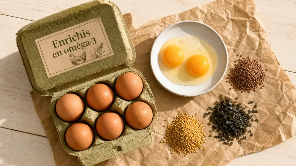 Omega 3 dans les œufs : boîte enrichie et graines (lin, colza, algues)