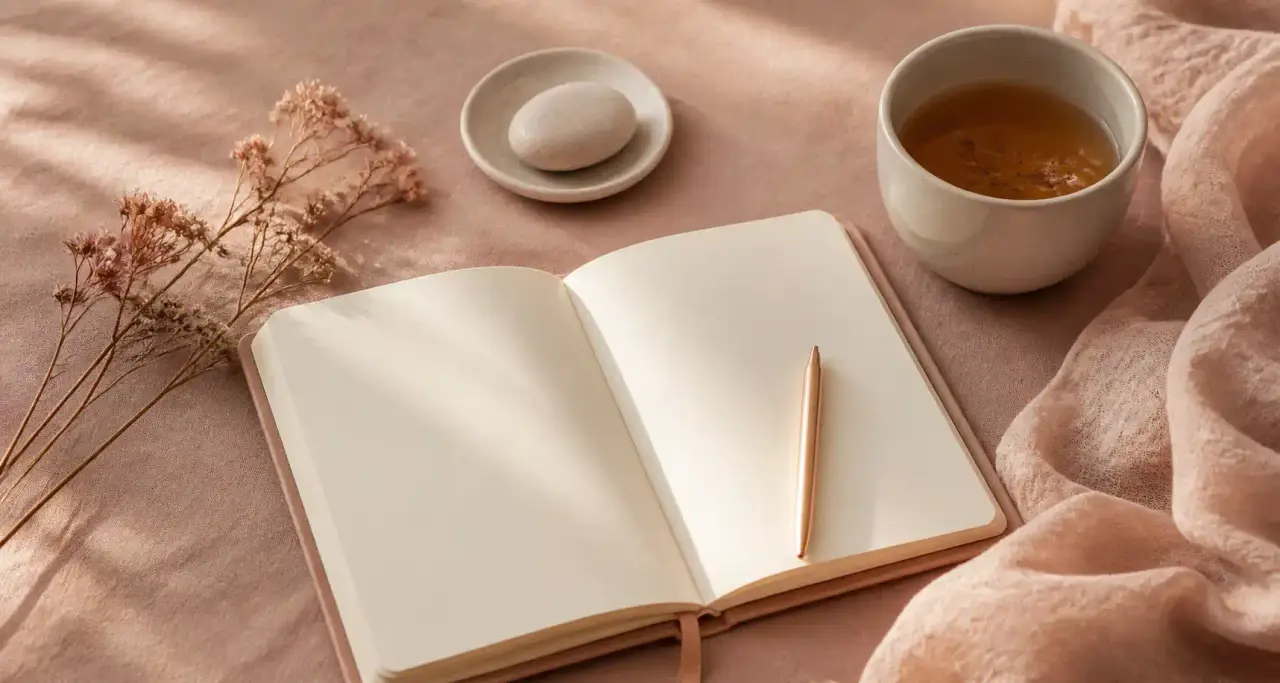 Carnet ouvert, stylo et tasse de tisane sur un lin rosé, ambiance routine du matin