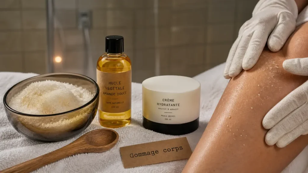 Gommage corps : choisir les bons grains, masser 30 secondes par zone et hydrater après