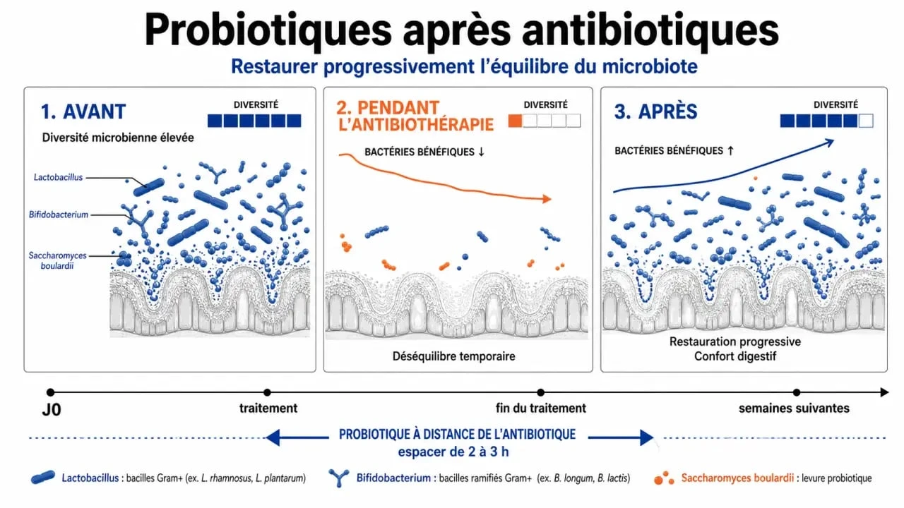 Infographie sur le probiotique apres antibio et la restauration du microbiote intestinal