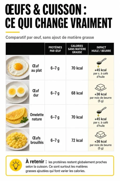 Œufs au plat proteines : infographie comparant protéines et calories selon la cuisson