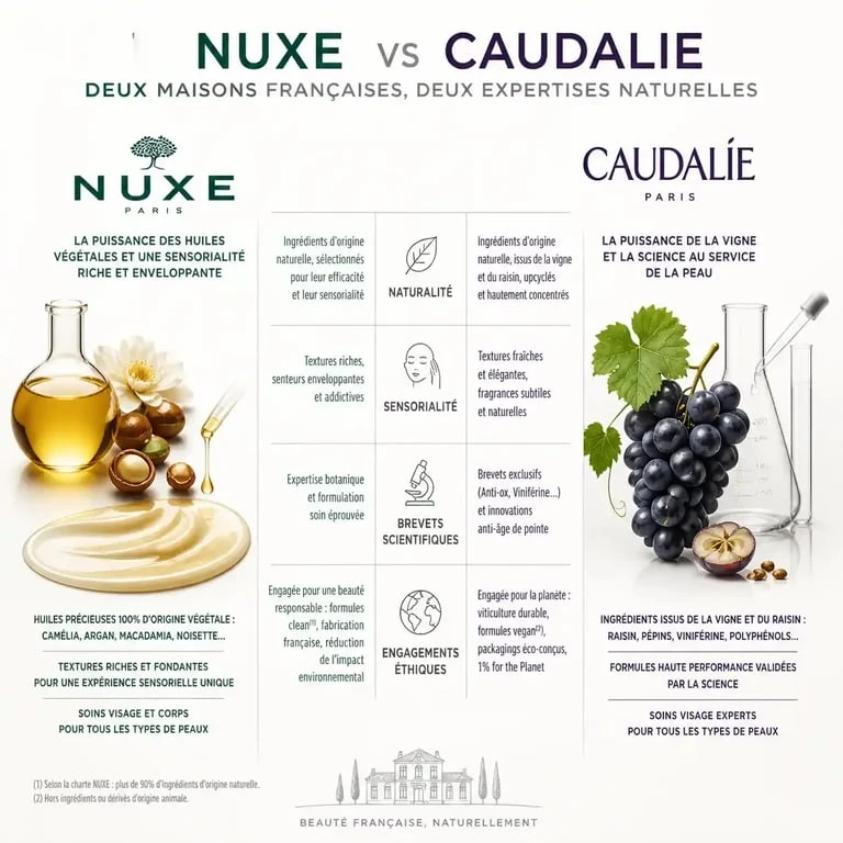Infographie comparative des marques de cosmétiques Nuxe et Caudalie pour choisir le soin adapté à ses besoins