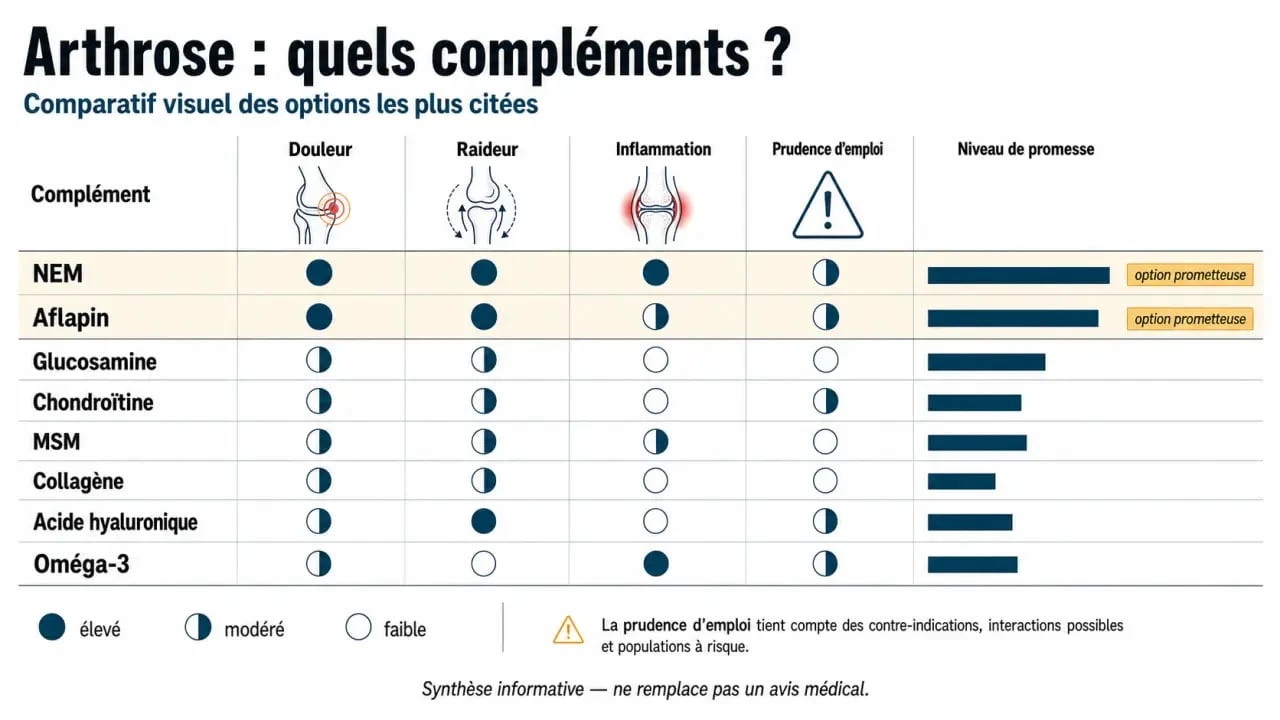 Quel est le meilleur complement alimentaire contre l arthrose : infographie comparative des principaux compléments, avec NEM, Aflapin et glucosamine en avant