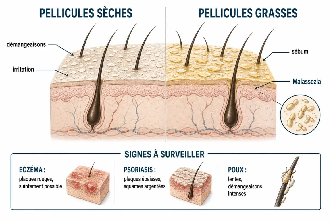 est ce que les pellicules grattent : schéma du cuir chevelu montrant les causes des démangeaisons et la différence entre pellicules sèches, grasses, eczéma, psoriasis et poux