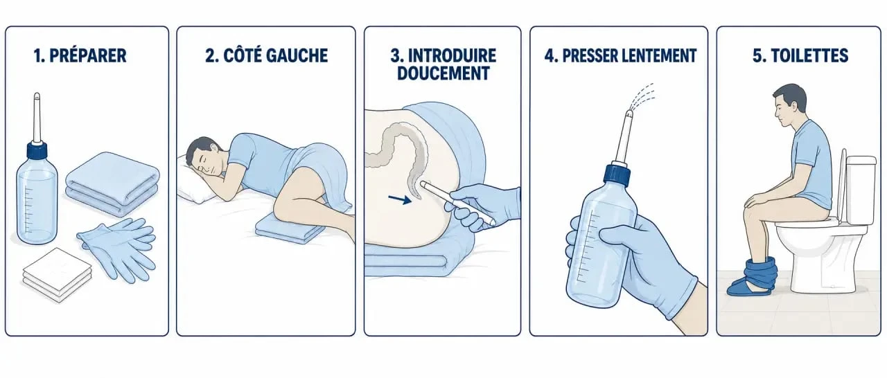 Normacol lavement comment utiliser : étapes d’administration du lavement en position latérale avec canule et flacon unidose