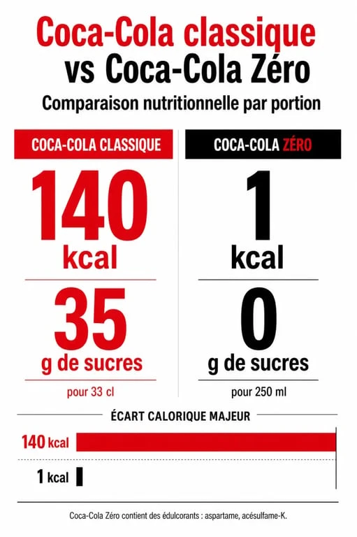 Le coca zero fait il grossir : comparaison visuelle entre Coca-Cola Zéro et Coca-Cola classique avec calories et sucres