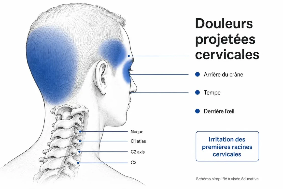Schéma des maux de tete et cervicales reliant la nuque, les vertèbres cervicales et la douleur projetée vers le crâne