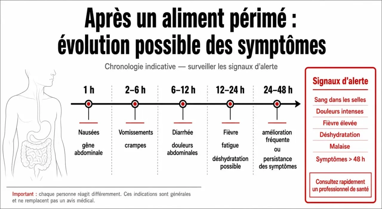 j ai mange un aliment perime que faire : calendrier des symptômes et signes d’alerte après ingestion