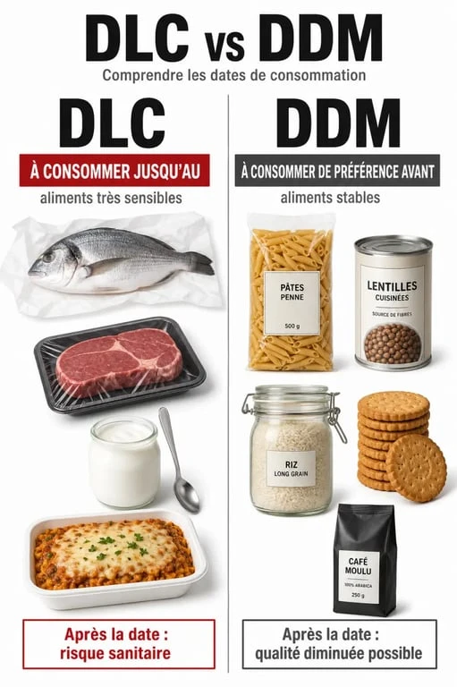 j ai mange un aliment perime que faire : différence visuelle entre DLC et DDM sur des aliments courants