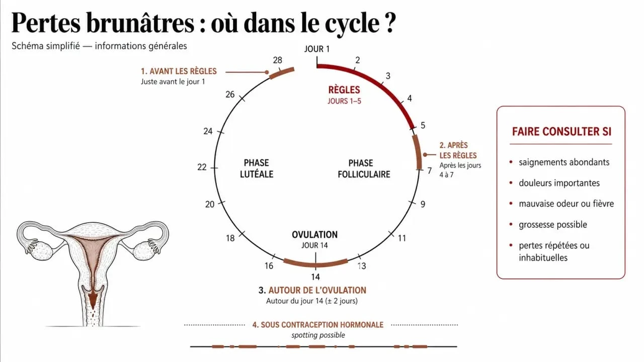 Schéma des pertes brunatres selon le cycle menstruel et les signes d’alerte
