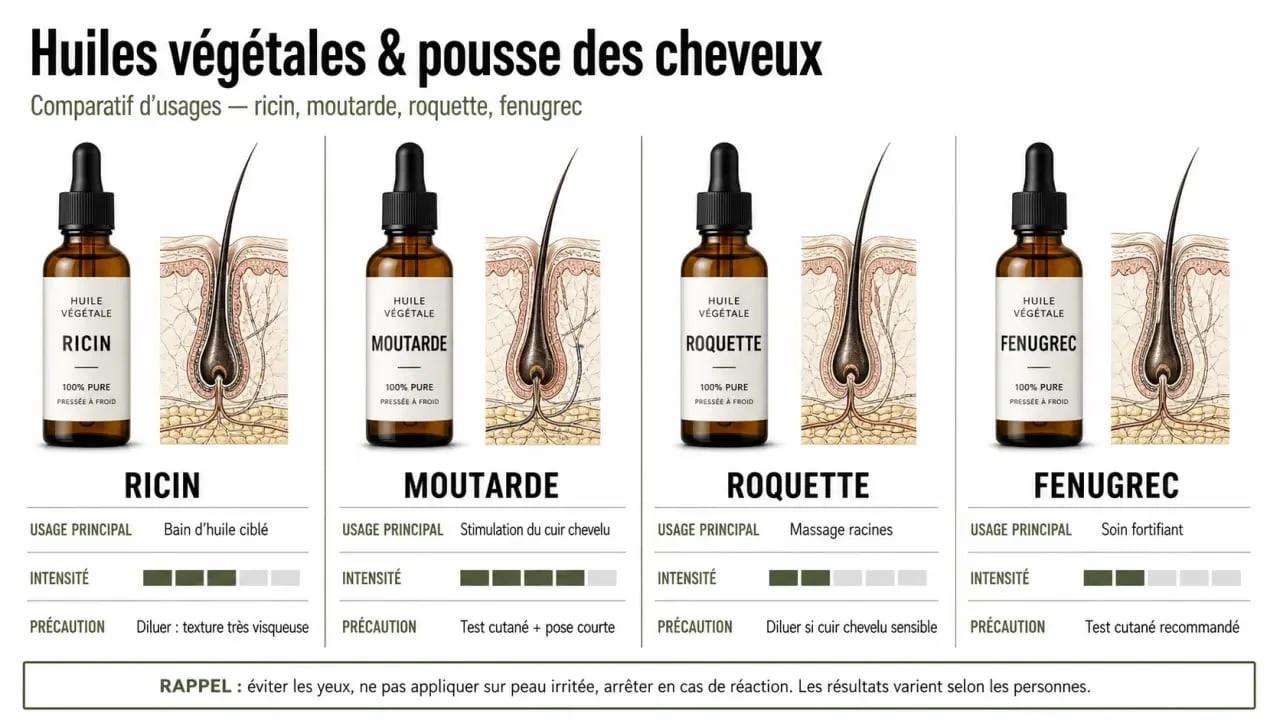 Quelle huile fait pousser les cheveux : comparaison visuelle des huiles de ricin, moutarde, roquette et fenugrec avec leurs précautions