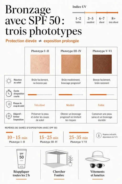 Combien de temps pour bronzer avec indice 50 selon le type de peau