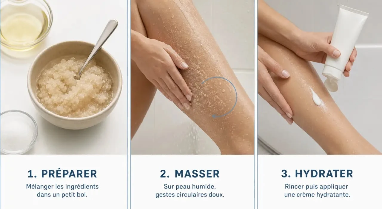 Comment faire un gommage corps en trois étapes : appliquer sur peau humide, masser doucement puis hydrater