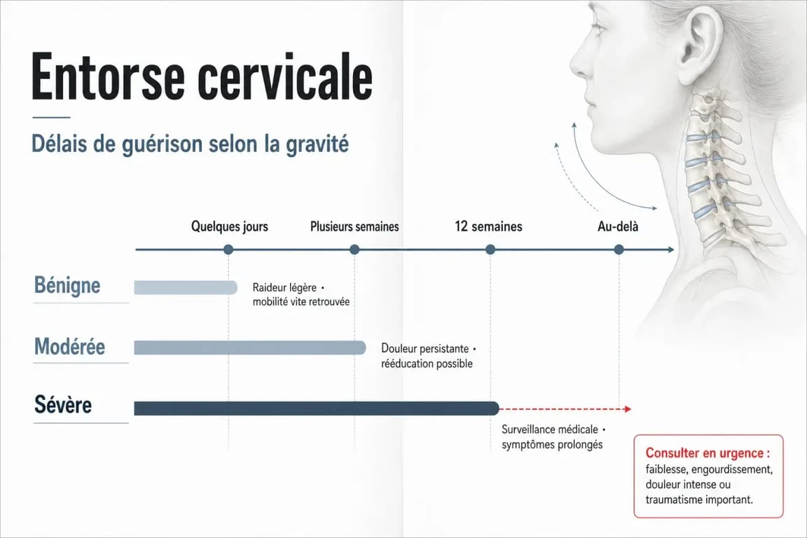 Entorse cervicale temps de guérison : frise visuelle des délais de récupération selon la gravité