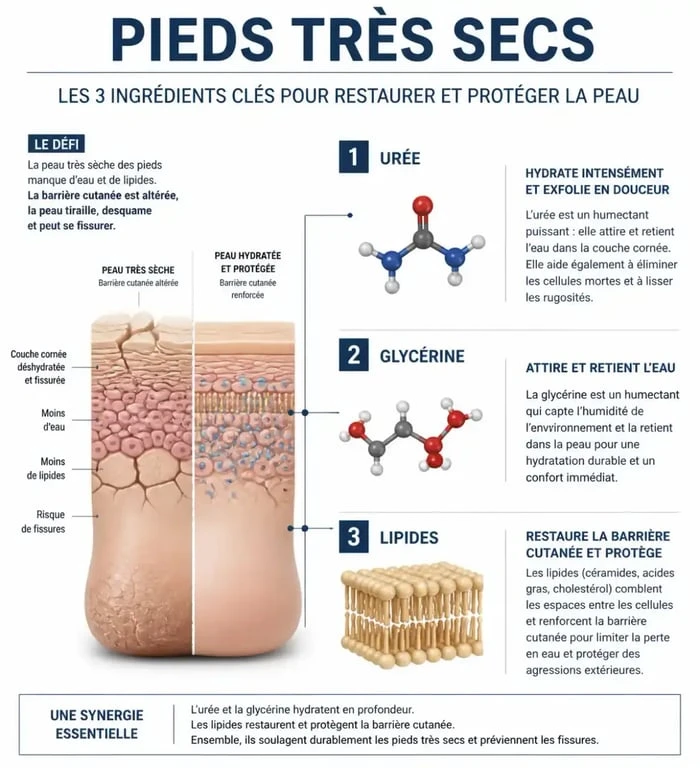 Ingrédients efficaces pour la meilleure crème pieds très secs : urée, glycérine et lipides